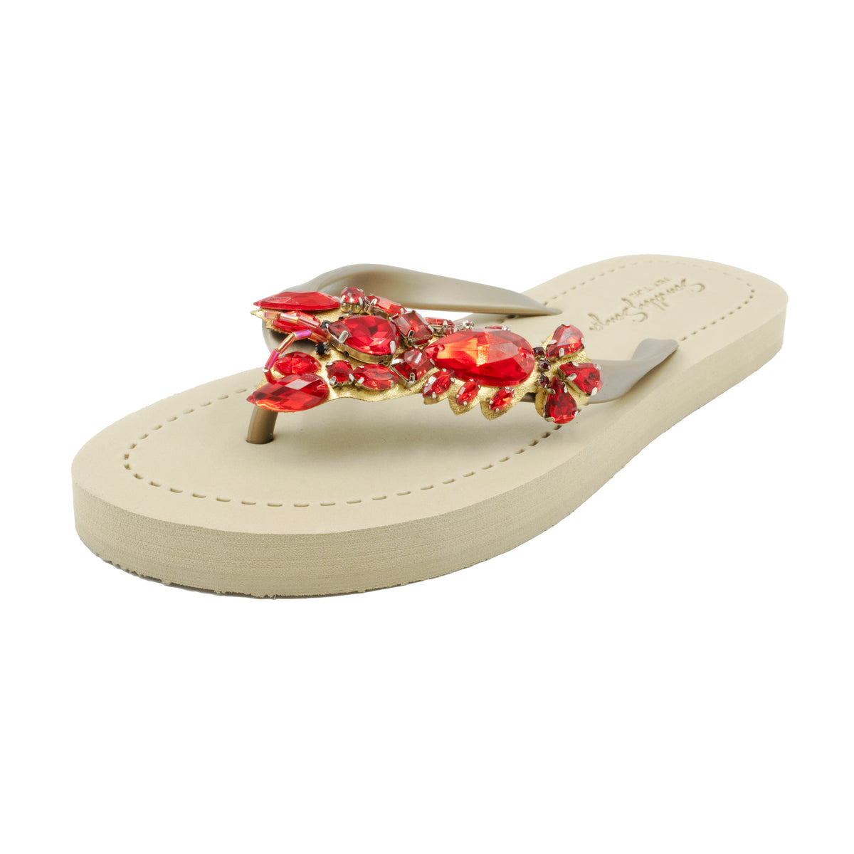Lobster - Red  Rhinestone Embellished Women Flat Flip Flops Sandal