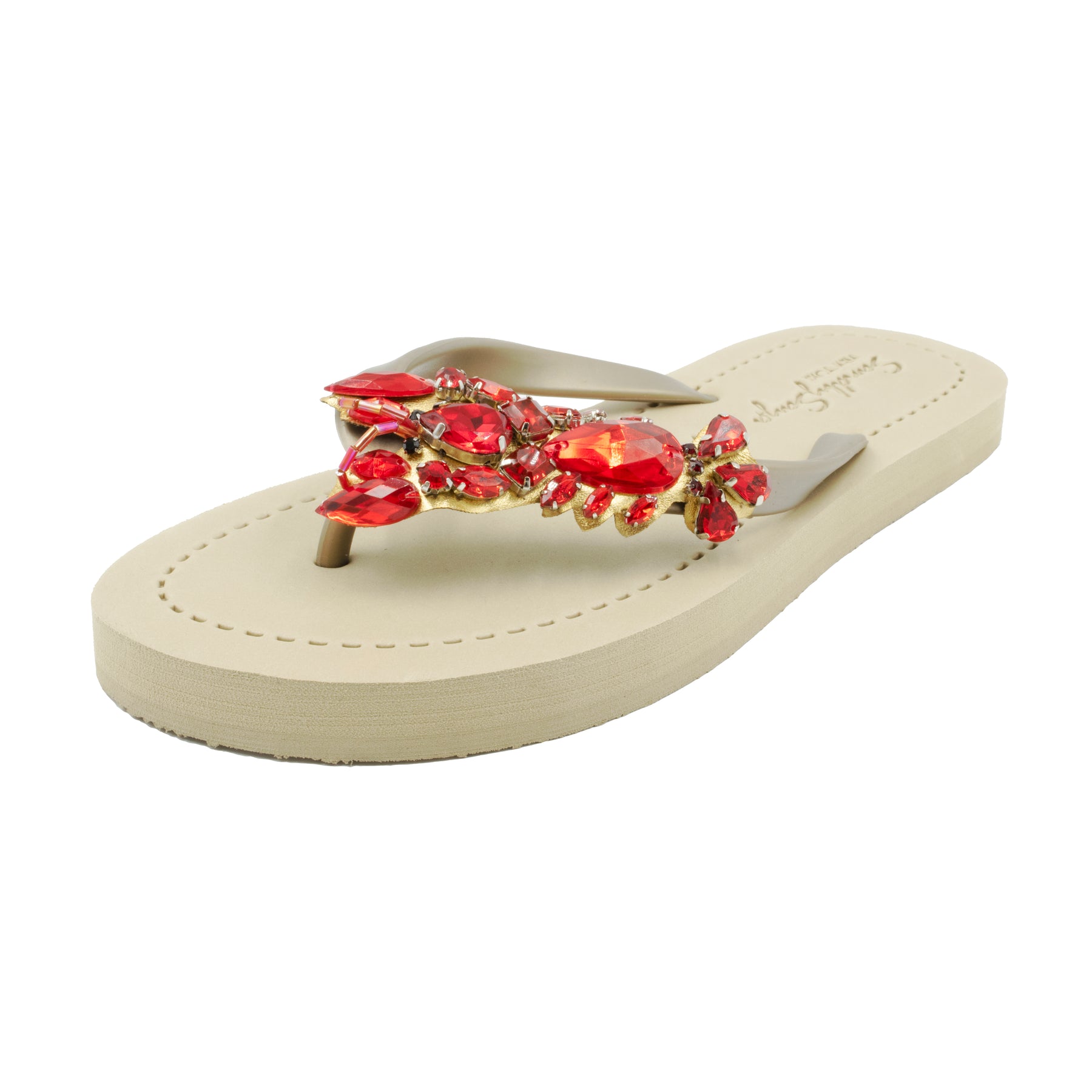 Lobster - Red  Rhinestone Embellished Flat Flip Flops Sandal for Women