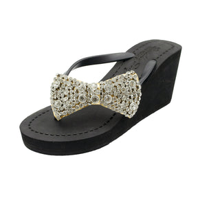 Madison Bow-  Crystal Stones Embellished Women's High Wedge Flip Flops Sandal