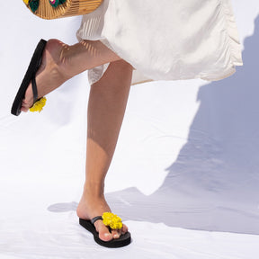 Noho Yellow Flower - Embroidered Flat Flip Flops Sandal