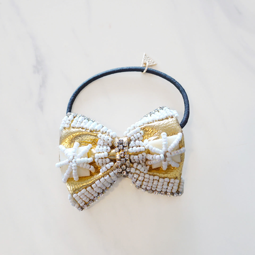 Pearl and Gold Bow - Embroidery Hair Tie