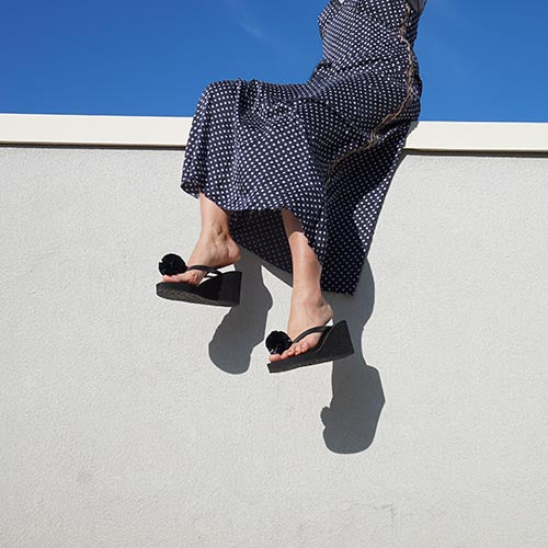 Raffia Pom poms - Embellished Women's High Wedge Flip Flops Sandal