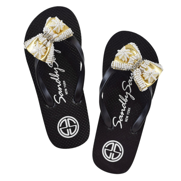 Gold & Pearl Bow - Big Kids Flip Flops Sandal- Embroidered motifs