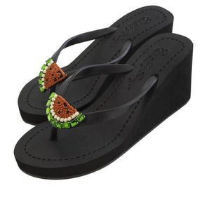 Black Watermelon High Wedge Women's Sandals with Bow Embellishment