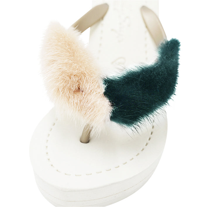 Mink_Pink & Green - Genuine Fur Embellished Women's High Wedge Flip Flops Sandal