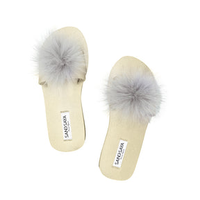 Mink Pom Pom Real Fur Slide - Espadrille Flat Sandals for Women