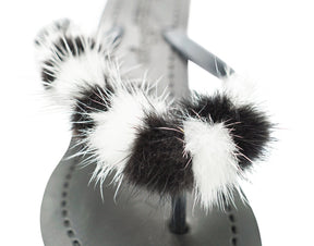 Mink_Black & White - Genuine Fur Embellished Women's High Wedge Flip Flops Sandal
