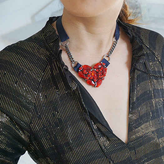 Crystal Red Heart - Ribbon Collar Necklace