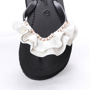 Ruffle rhinestone Rockaway White - Embroidered High Wedge Flip Flops