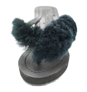 Sheep Fur - Black Genuine Fur Embellished Women's High Wedge Flip Flops Sandal