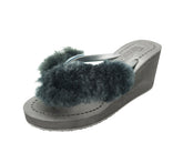 Sheep Fur - Black Genuine Fur Embellished Women's High Wedge Flip Flops Sandal