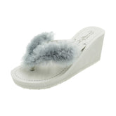Sheep Fur -Gray Genuine Fur Embellished Women's High Wedge Flip Flops Sandal