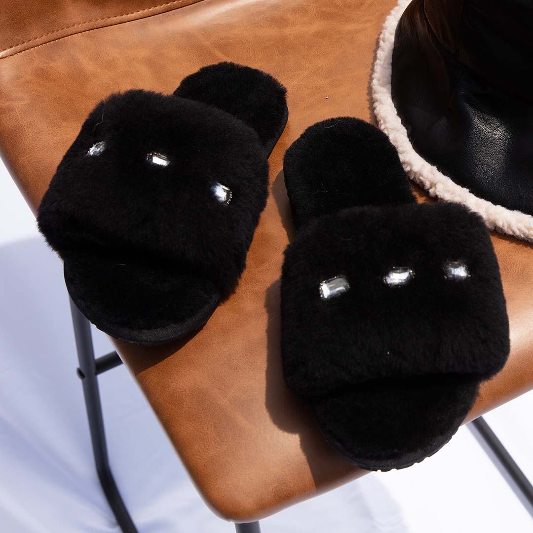 Sheep Fur Slippers with Crystal Studs - Ultra Fuzzy Ladies Room Shoes in Black
