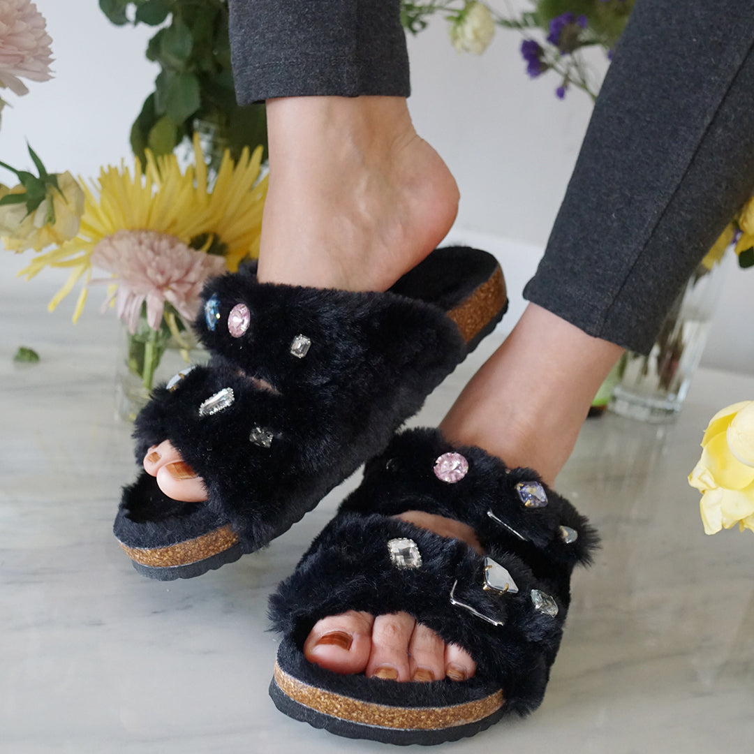 Shearling Fur Slide with rhinestones - Black Flat Women's Sandals