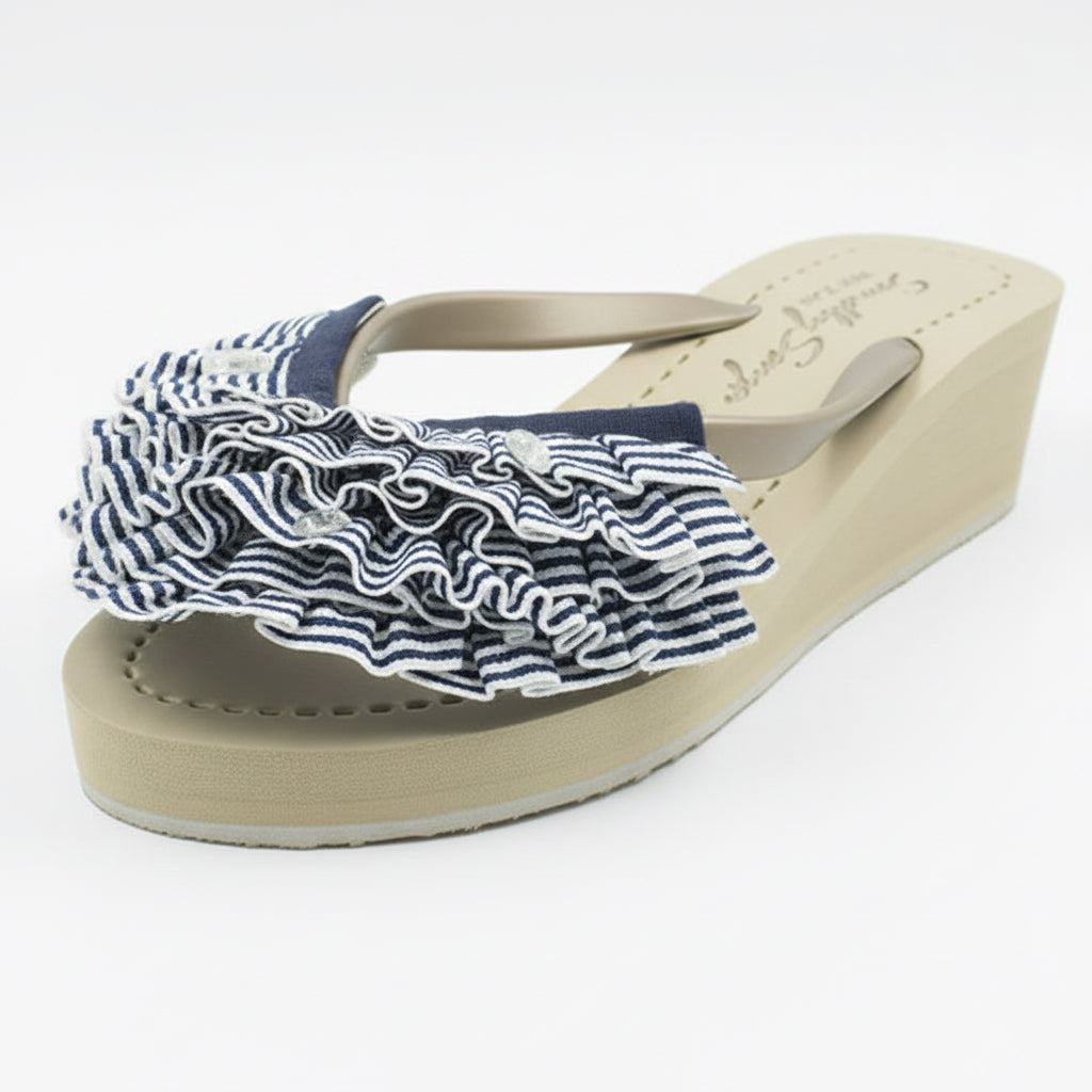 Marine Stripe Ruffle - Triple Rockaway - Women's Mid Wedge Flip Flops