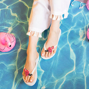 Pink Flamingo - Embroidered Flat Flip Flops Sandal