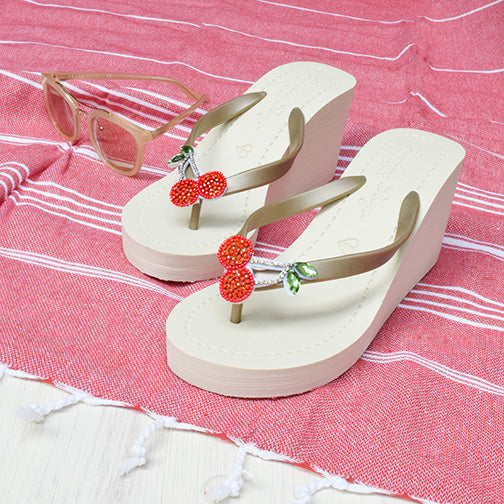Gold Women's High Wedge Sandals with Cherry, Flip Flops summer