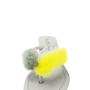 Mink Fur Yellow & Olive - Genuine Fur High Wedge Flip Flops Sandals