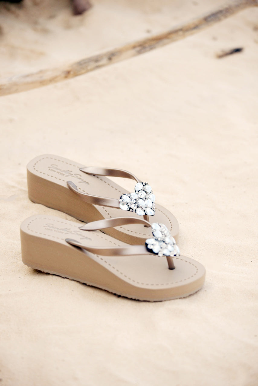 Crystal Heart - Rhinestone Mid Wedge Flip Flops Womens Embellished Sandals