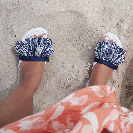 Irving Stripe Fringe - White and Blue Stripe Flat Flip Flops Sandals