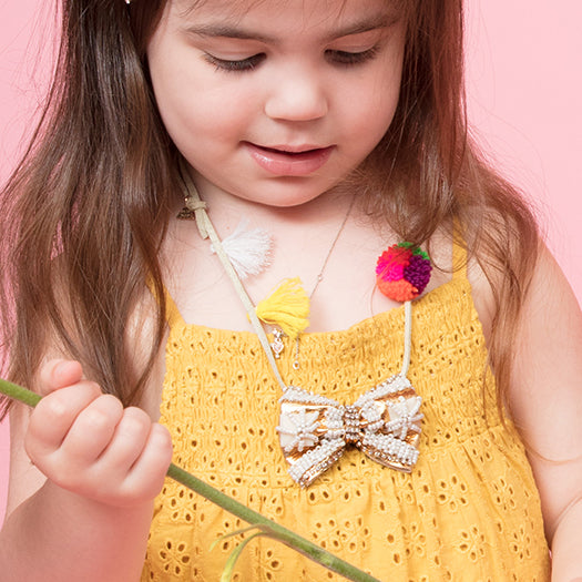 Gold & Pearl Bow - Pom Pom Kids Necklace-Embroidered motifs