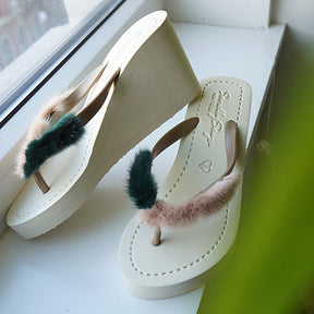 Mink_Pink & Green - Genuine Fur Embellished Women's High Wedge Flip Flops Sandal