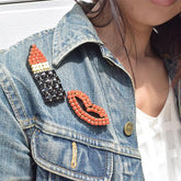 Lipstick Brooch for Women, Red, Lips, Black, White, Beaded
