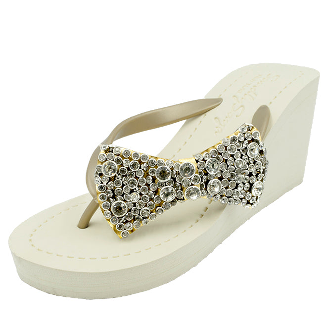 Ivory Breeze - High Wedge Bridal Flip Flops with Sequins & Crystal