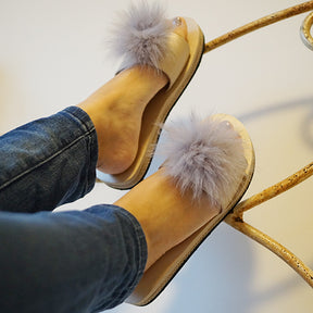 Mink Pom Pom Real Fur Slide - Espadrille Flat Sandals for Women