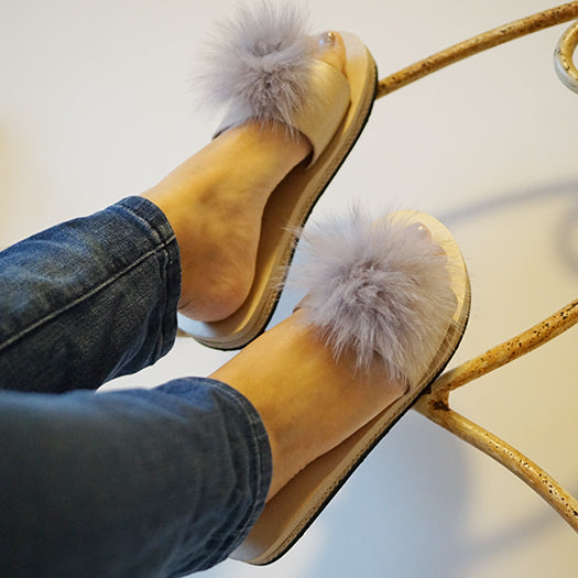 Mink Pom Pom Real Fur Slide - Espadrille Flat Sandals for Women 7M