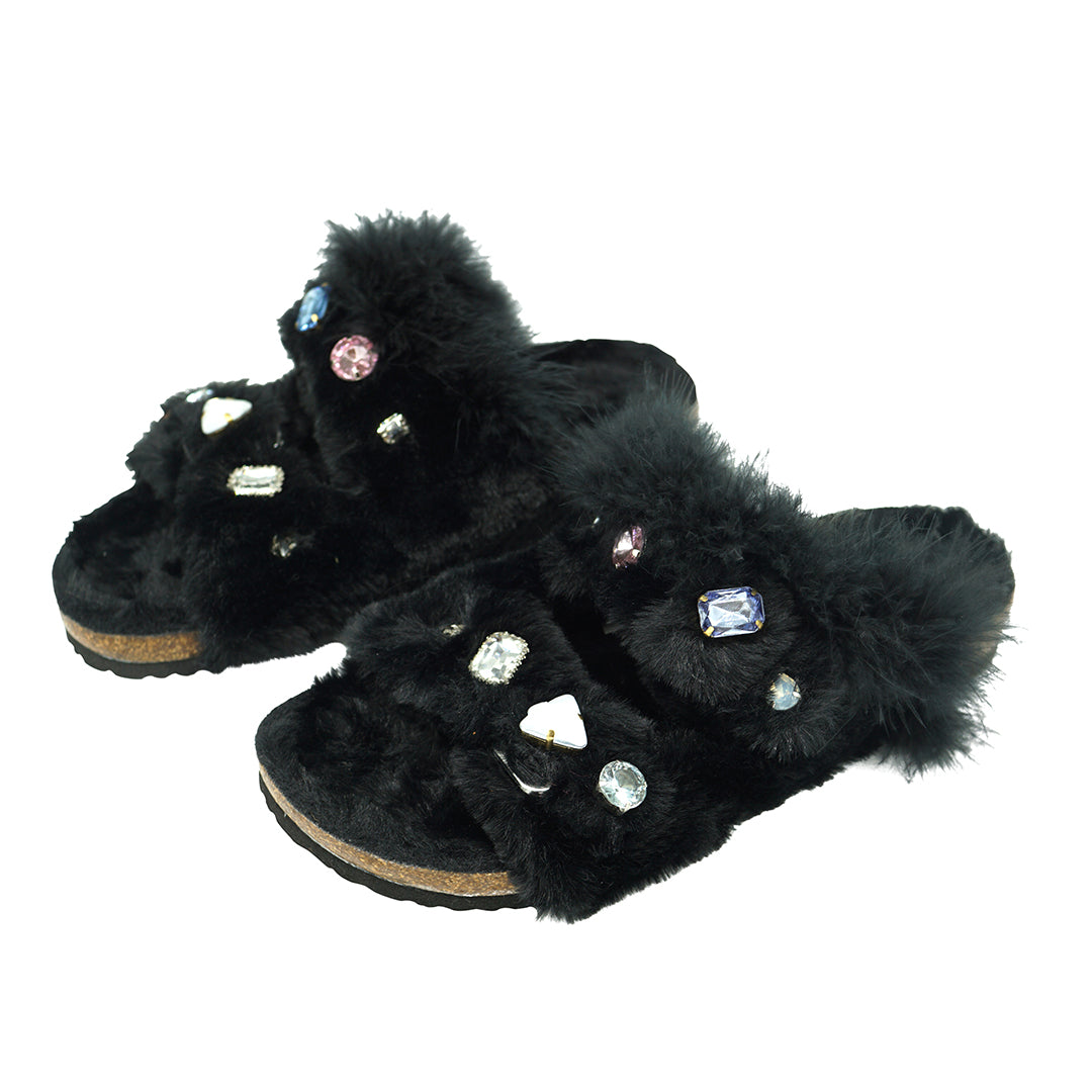Shearling Fur Slide with Feather and Rhinestones - Black Flat Sandals 10Xxl