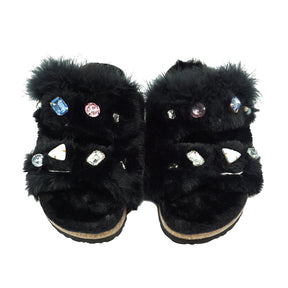 Shearling Fur Slide with feather and rhinestones - Black Flat Sandals